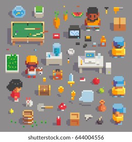 Pixel Art game characters in office with and various items icons set, vector graphic illustration.