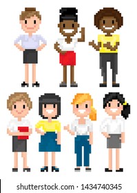 Pixel art game characters vector, woman with fancy hairstyle, lady holding book, 8 bit secretary wearing formal clothing, pixelated portrait of people smiling friends