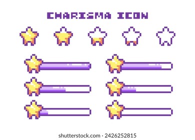 Pixel Art Game Charisma Bar Progress and Star Icon Set. 8 Bit Retro Computer Video Game UI HUD Purple Elements For Status Indicator and Animation. 