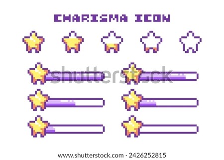 Pixel Art Game Charisma Bar Progress and Star Icon Set. 8 Bit Retro Computer Video Game UI HUD Purple Elements For Status Indicator and Animation. 
