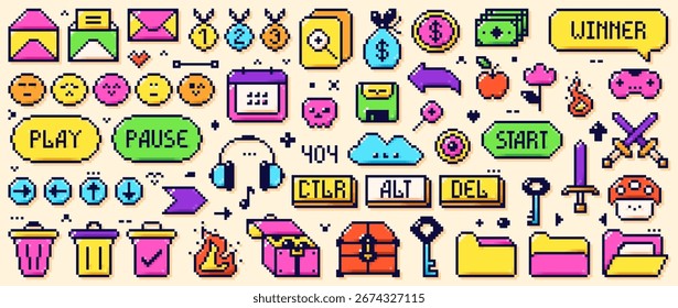 Elementos de cor do jogo Pixel Art. Emoji, cesta, fones de ouvido, peito, cogumelo, dinheiro, medalha desenhada em estilo simples Y2K bit.