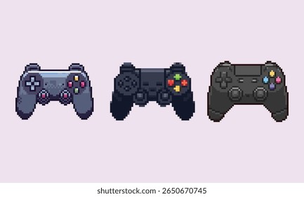 Pixel Art Game Controller Set Ícones Retrô Jogos. Uma coleção de ícones de estilo pixel art game controller de 8 bits.