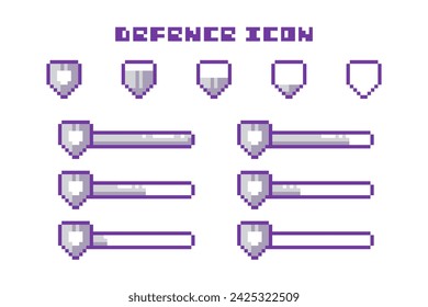 Pixel Art Game Defense Armor Bar Progress and Shield Icons Set. 8 Bit Retro Computer Video Game UI HUD Gray Metal Elements For Status Indicator and Animation. 