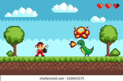 Pixel Art Game, Design In 8 Bit Style Character Fighting Against Dragon With Fire Vector. Health Lives Points, Man Battle With Dangerous Creature