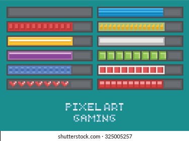 Pixel Art Game Development Set - Scale, Progress Bar, Loading, Health Points, Mana, Ammo Flat Design. Retro Arcade Game Design.