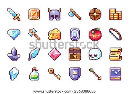 Pixel Art Game Elements Collection. 8bit Video Games Icons. Pixelated Weapons, Armor, and Assets - Sword, Scroll, Axe, Hammer, Skull, Helmet, Shield, Gems, Potion, and More Classic 90s Game Items.