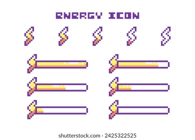 Pixel Art Game Energy Bar Progress and Razor Lightning Icons Set. 8 Bit Retro Computer Video Game UI HUD Yellow Elements For Status Indicator and Animation. 