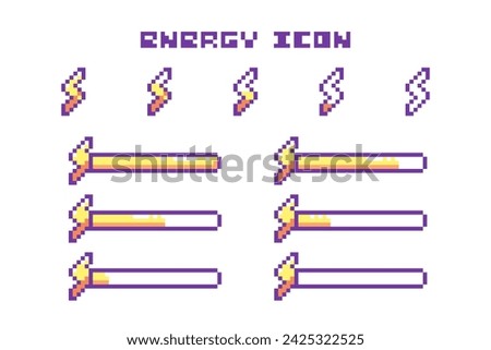Pixel Art Game Energy Bar Progress and Razor Lightning Icons Set. 8 Bit Retro Computer Video Game UI HUD Yellow Elements For Status Indicator and Animation. 