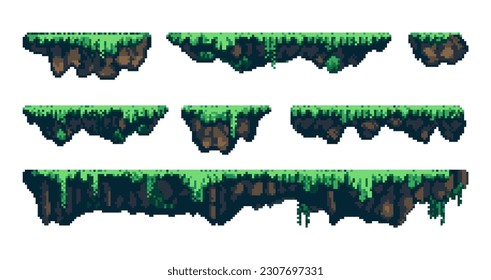 pixel art game grass platforms. pixelated game islands. Land and game props. Retro 8-bit sprite. Vector isolated set