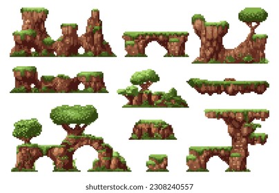 pixel art game grass platforms. pixelated game islands. Land and game props. mountains and trees. Retro 8-bit sprite. Vector isolated set