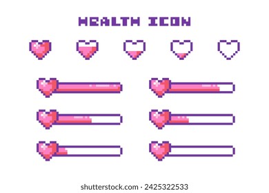 Pixel Art Game Health Life Bar Progress and Heart Level Icons Set. 8 Bit Retro Computer Video Game UI HUD Red Pink Elements For Status Indicator and Animation. 