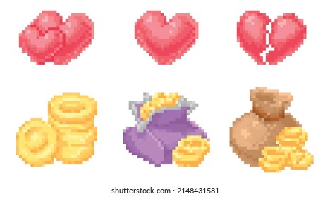 Pixel art game icon heart, and gold