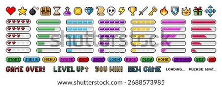 Pixel art game icons. Pixelated vector illustration of game buttons, progress bar. Retro 8 bit pixel assets for game