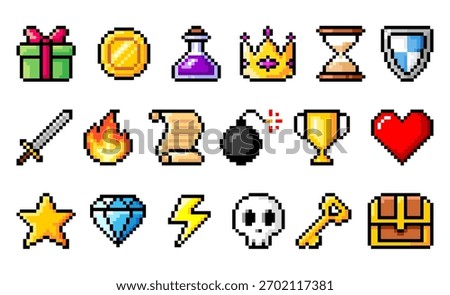 Pixel art game icons. Pixelated vector illustration isolated on white background. Arcade game items
