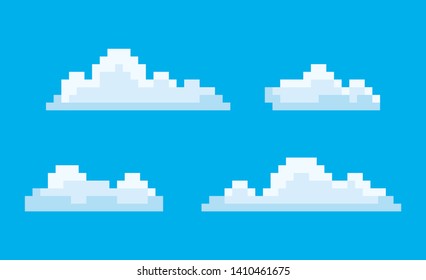 Pixel art game icons vector, isolated bit cloud. Pixelated cloudscape blue sky with smoke, elements 8 and 16 bit graphics, clouds drawing in retro style