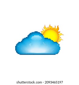 Pixel art game icons vector, isolated bit cloud. Pixelated cloudscape blue sky with smoke, elements 8 and 16 bit graphics, clouds drawing in retro style