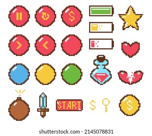 El vector de iconos de juego de arte de píxeles se establece aislado en un fondo blanco.
