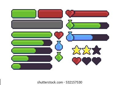 Pixel art game interface elements for hitpoints, mana, energy, stamina. Loading bar, stars and buttons