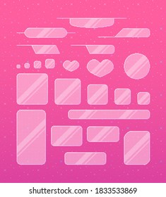 Pixel art game interface. Set of cute glass borders for girls. Vector illustration