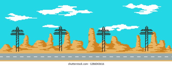 pixel art game landscape 8-bit mounts and road