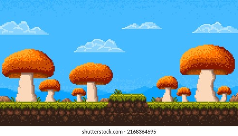 Pixel art game level, alien planet mushrooms, vector cartoon background. 8 bit pixel video game arcade giant mushrooms forest landscape, fantasy fairy magic mushrooms for game level