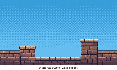 Pixel art game level with ancient stone wall and blue sky. Retro 8-bit video game platformer background. Video game design asset. vector graphics.
