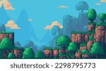 pixel art game level background, 8 bit, landscape, arcade video game, mountains trees and platforms