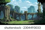 pixel art game level background, 8 bit, landscape, arcade video game, pixelated ruins of the ancient city, vector