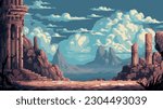pixel art game level background, 8 bit, landscape, arcade video game, pixelated ruins of the ancient city, vector