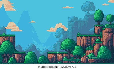 pixel art game level background, 8 bit, landscape, arcade video game, mountains trees and platforms