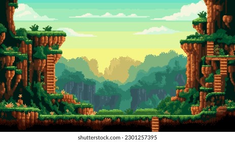 pixel art game level background, 8 bit, landscape, arcade video game, mountains trees and platforms