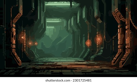 fondo de nivel de arte píxel, 8 bits, mazmorra, videojuego de arcada subterráneo, catacomb, escena oscura, interior de barco alienígena, ilustración vectorial