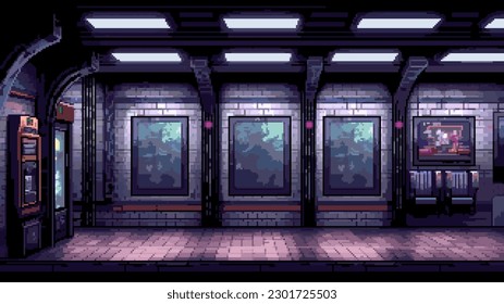 pixel art game level background, 8 bit, subway, underground arcade video game, train station, dark scene, vector illustration