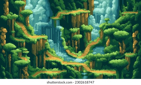 pixel art game level background, 8 bit, landscape, arcade video game, stairs, mountains, trees and platforms