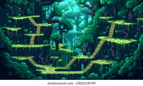 pixel art game level background, 8 bit, landscape, arcade video game, stairs, mountains, trees and platforms