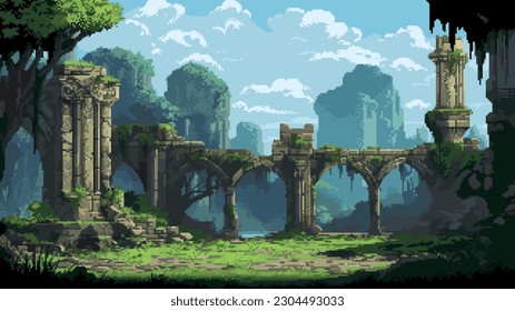 pixel art game level background, 8 bit, landscape, arcade video game, pixelated ruins of the ancient city, vector