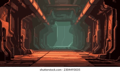 pixel art game level background, 8 bit, dungeon, underground arcade video game, catacomb, dark scene, alien ship interior, vector illustration