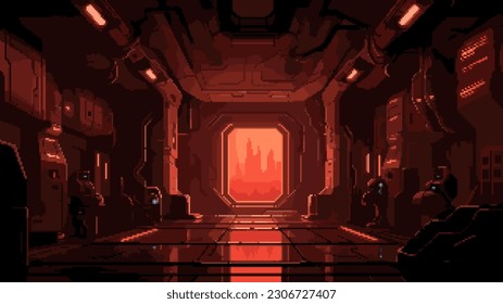 pixel art game level background, 8 bit, dungeon, underground arcade video game, catacomb, dark scene, alien ship interior, vector illustration