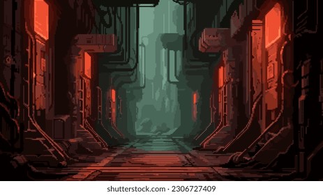 pixel art game level background, 8 bit, dungeon, underground arcade video game, catacomb, dark scene, alien ship interior, vector illustration