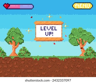 Pixel art game level up background. Retro 8 bit video game interface with Level Up text, computer game level up background. Win screen