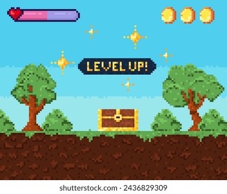 Pixel-Art-Spiel-Ebene im Hintergrund. Retro 8-Bit-Videospielschnittstelle mit Level-Up-Text, Computerspiel-Level-Up-Hintergrund. Win-Screen