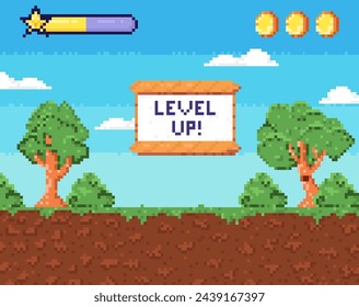 Pixel art juego subir el nivel de fondo. Interfaz de videojuego retro de 8 bits con texto Level Up, fondo level up de juego de ordenador. Pantalla Win