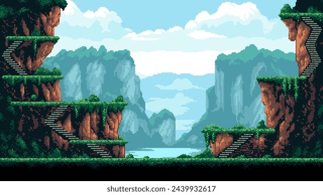 pixel art game level background, 8 bit, landscape, arcade video game, mountains and platforms	