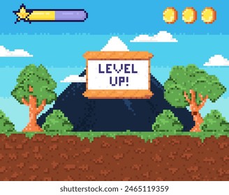 Pixel art game level up background. Retro 8 bit video game interface with Level Up text, computer game level up background. Win screen