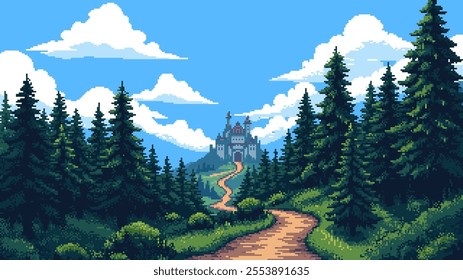 pixel art game level background, forest, road to the castle, clouds. 8bit retro arcade game. vector illustration