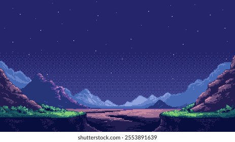 pixel art game level background, space, planet surface, starry sky, mountains. 8bit retro arcade game. vector illustration