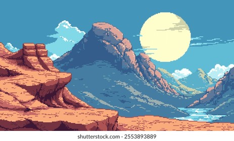 pixel art game level background, mountain landscape, alien view. 8bit retro arcade game. vector illustration