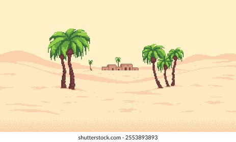 pixel art game level background, building in desert, house in sand, palm trees. 8bit retro arcade game. vector illustration