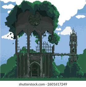 Pixel art game level background, 8 bit, landscape, arcade video game, ruined church, platforms. Vector pixel art illustration. Game screen pixel, retro video computer banner. Destroyed building, ruin
