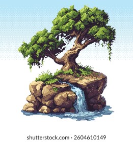 pixel art game level background. Elements for mobile game, 8 bit game in pixel art style. Tree in pixel art style, medieval elements. Background for game. Level vector background
